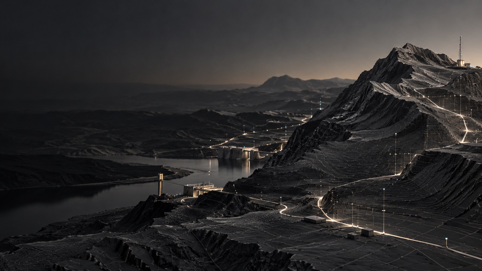 Abstract Montana terrain traced with precise infrastructure and signal paths