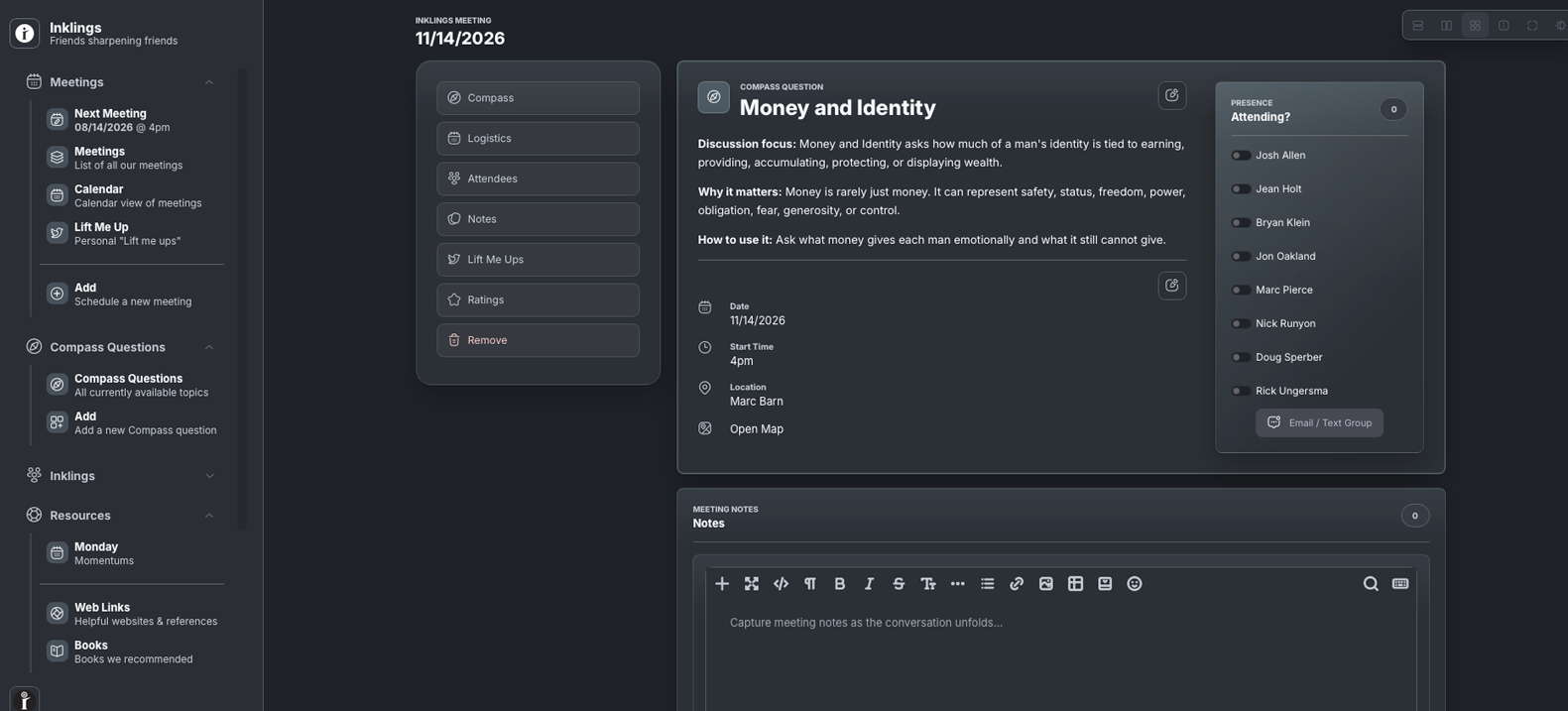 Inklings meeting workspace showing a Compass Question, logistics, attendance, meeting navigation, and live notes.