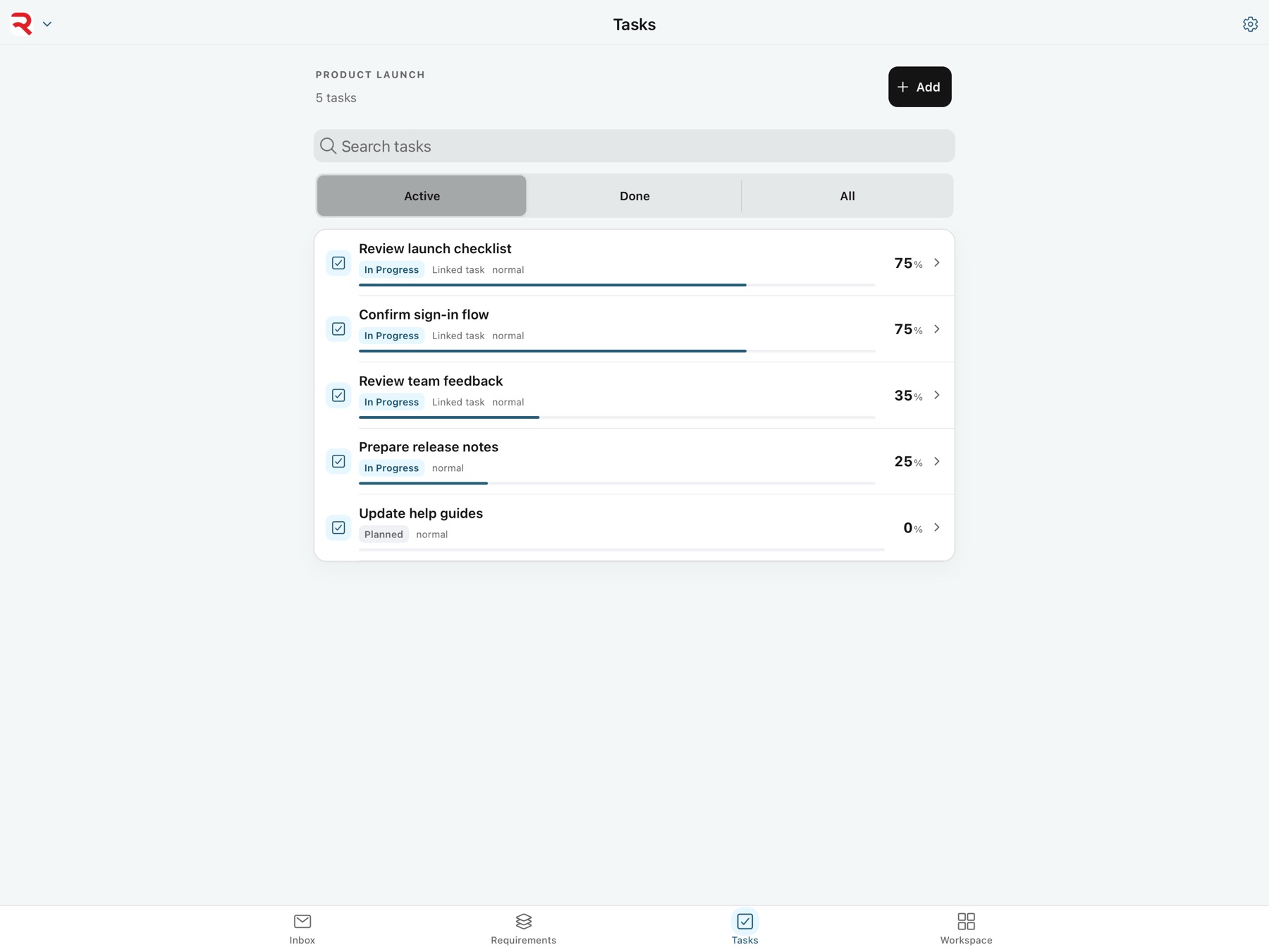RedRover native mobile task experience on iPad with focused navigation for Inbox, Requirements, Tasks, and Workspace.