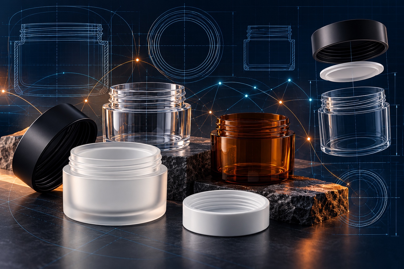 Conceptual packaging illustration: jars and closures with engineering contours and connected product relationships.